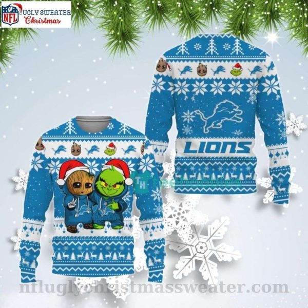 NFL Detroit Lions Logo Baby Groot And Grinch Ugly Christmas Sweater