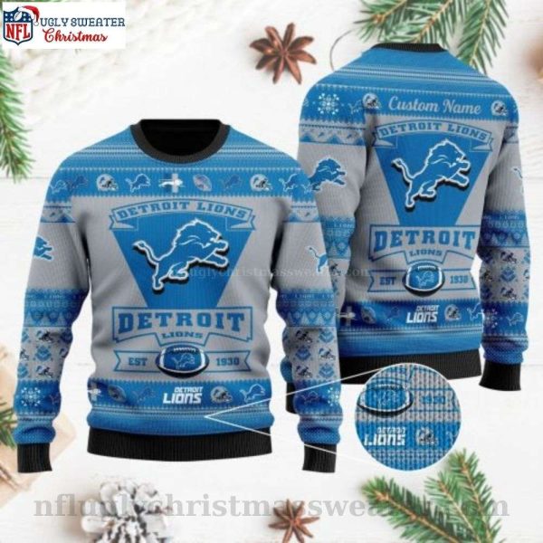 NFL Detroit Lions Team Logo Est 1930 Custom Name Ugly Christmas Sweater