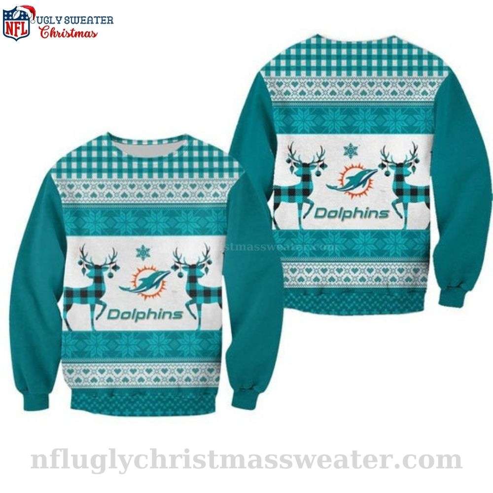 NFL Dolphins Christmas Sweater - Festive Reindeer Logo Print