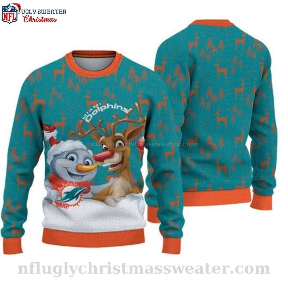 NFL Dolphins Christmas Sweater - Festive Snowman And Reindeer Design