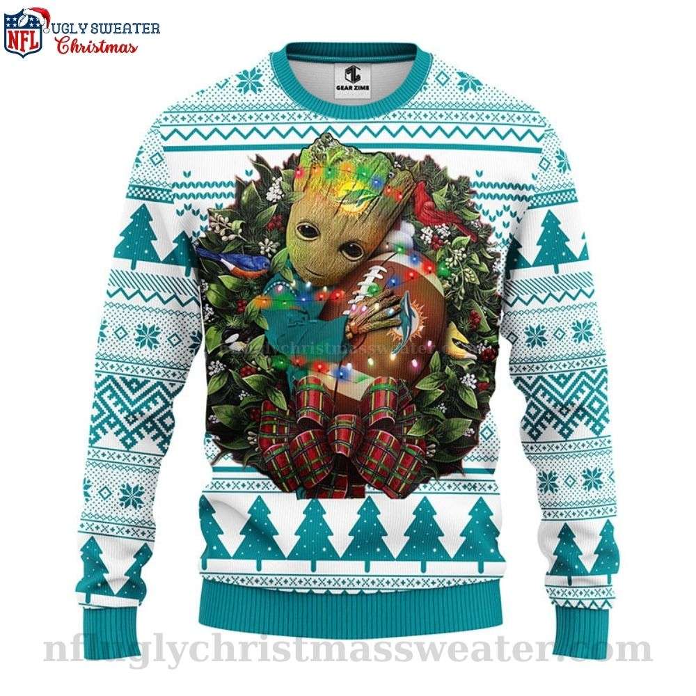 NFL Dolphins Ugly Christmas Sweater - Groot Hug Football Logo Print