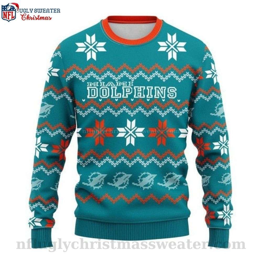 NFL Dolphins Ugly Christmas Sweater - Snowflake Logo Print