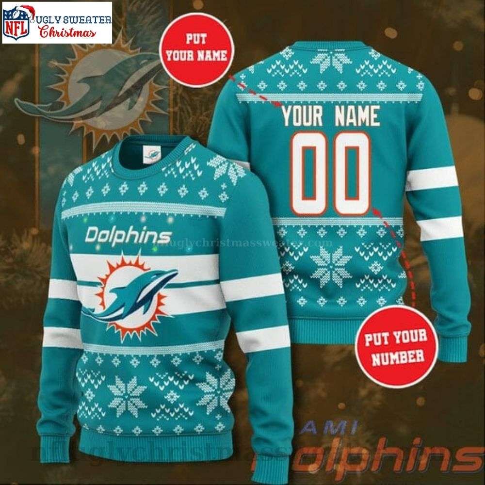 NFL Miami Dolphins Christmas Light Custom Name And Number Christmas Sweater