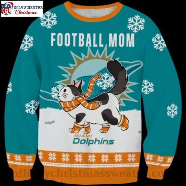 NFL Miami Dolphins Christmas Sweater – Cute Cat And Football Mom