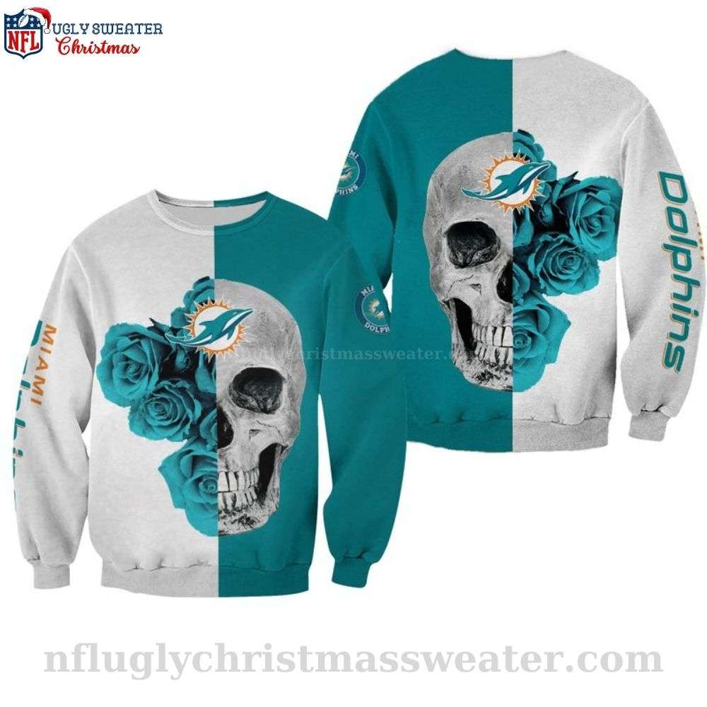 NFL Miami Dolphins Skull And Blue Rose Ugly Christmas Sweater
