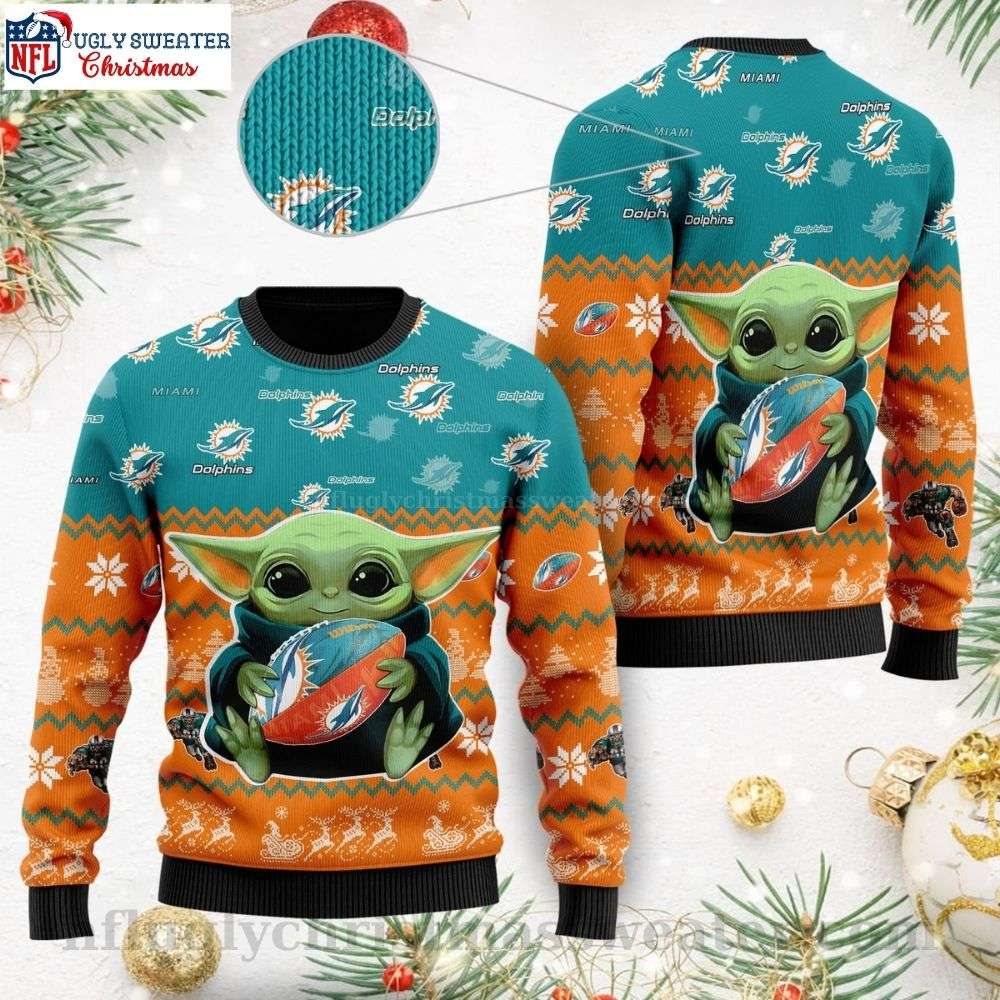 NFL Miami Dolphins Ugly Christmas Sweater - Baby Yoda Dolphins Delight