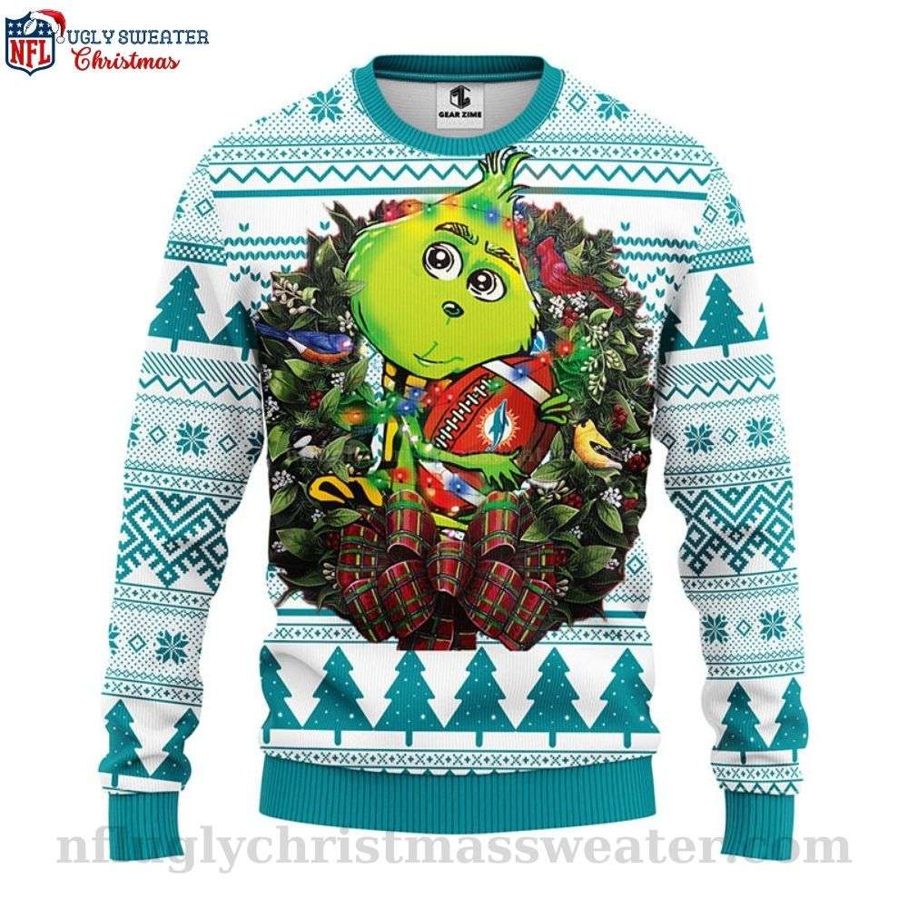 NFL Miami Dolphins Ugly Christmas Sweater - Grinch Hug Football Logo Print