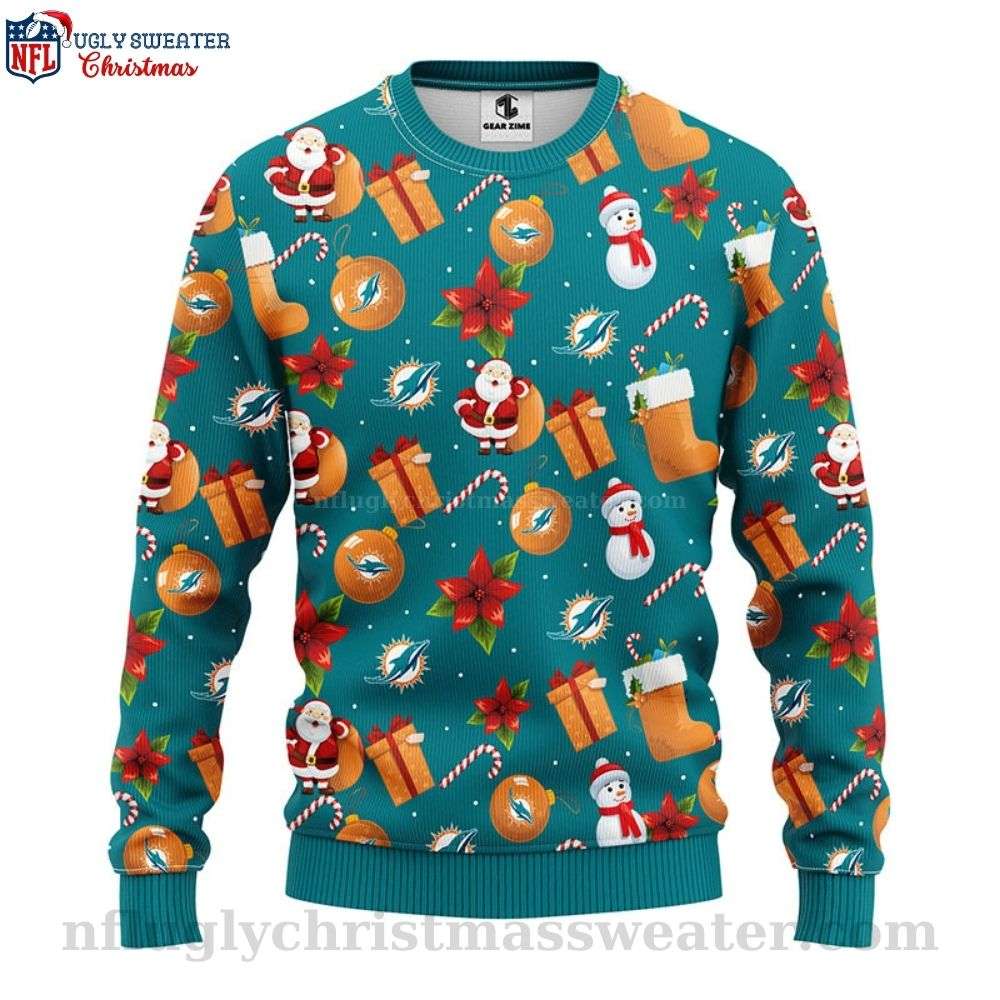 NFL Miami Dolphins Ugly Christmas Sweater - Santa Claus Snowman Logo Print