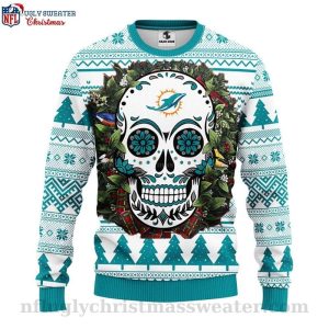 NFL Miami Dolphins Ugly Christmas Sweater Skull Flower Logo Print 1