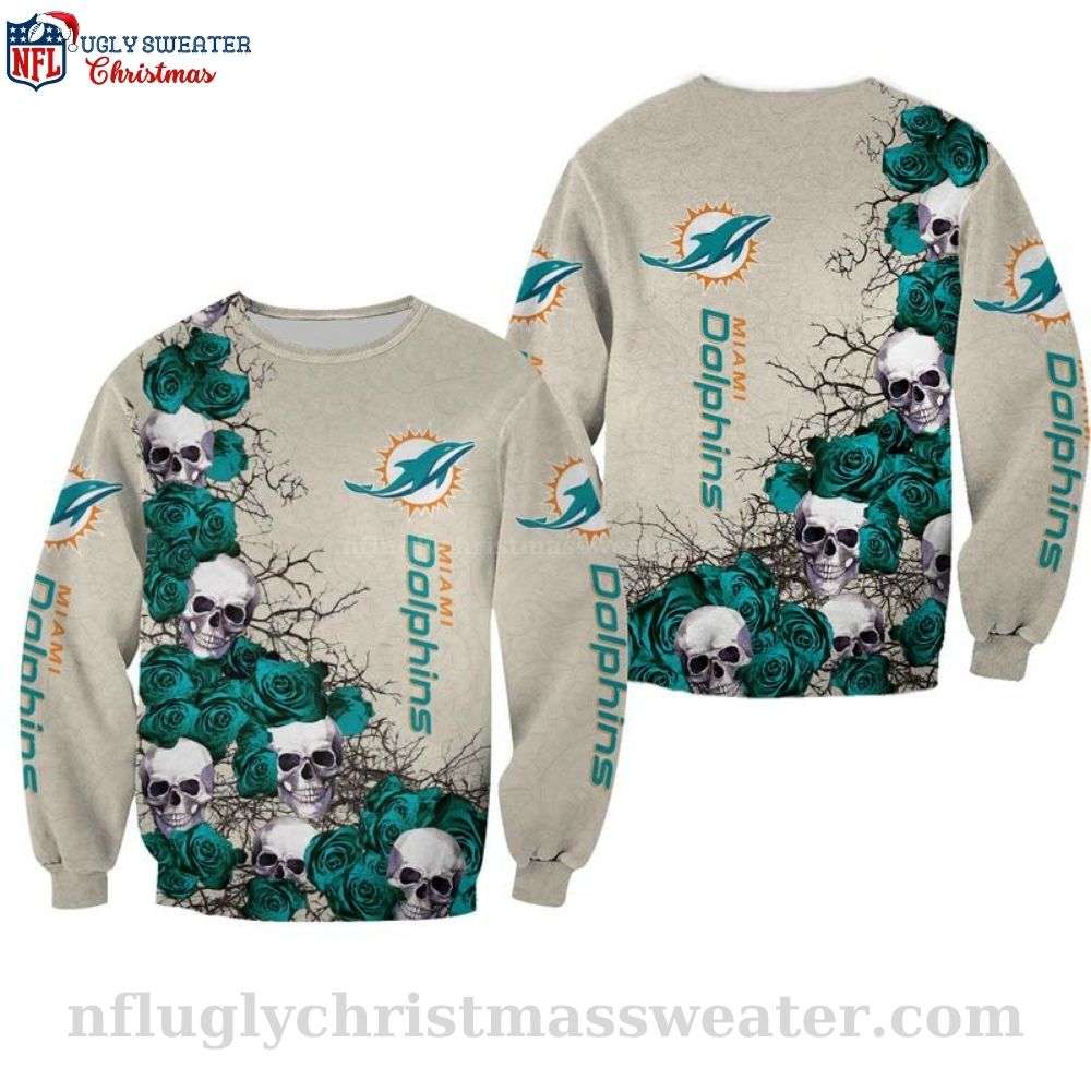 NFL Miami Dolphins Ugly Christmas Sweater - Skull Rose Graphic