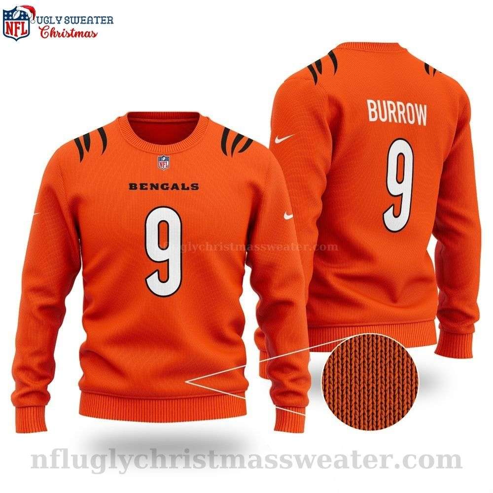 NFL Orange Ugly Christmas Sweater - Joe Burrow 9 Cincinnati Bengals
