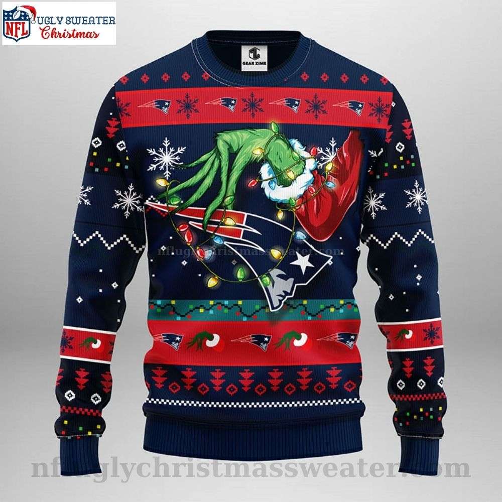NFL Patriots Ugly Christmas Sweater - Festive Grinch Design With Patriots Logo