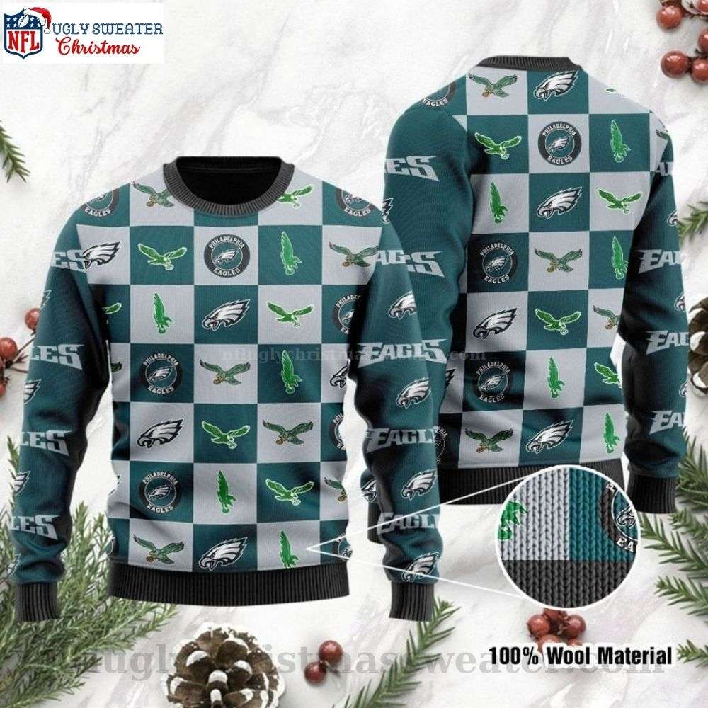 NFL Philadelphia Eagles Logo Checkered Flannel Design Men's Eagles Christmas Sweater