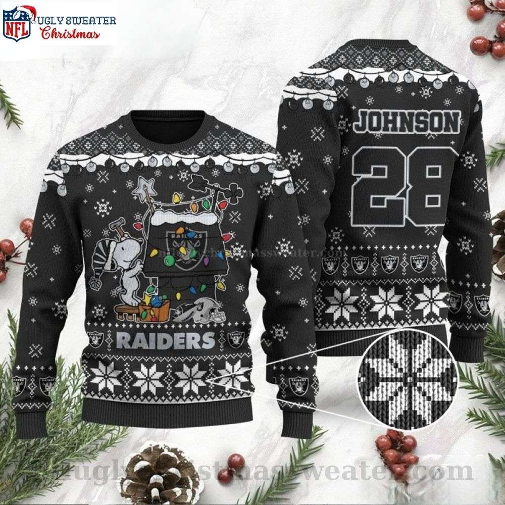 NFL Raiders Fans Snoopy Ugly Christmas Sweater - Custom Name And Number Edition