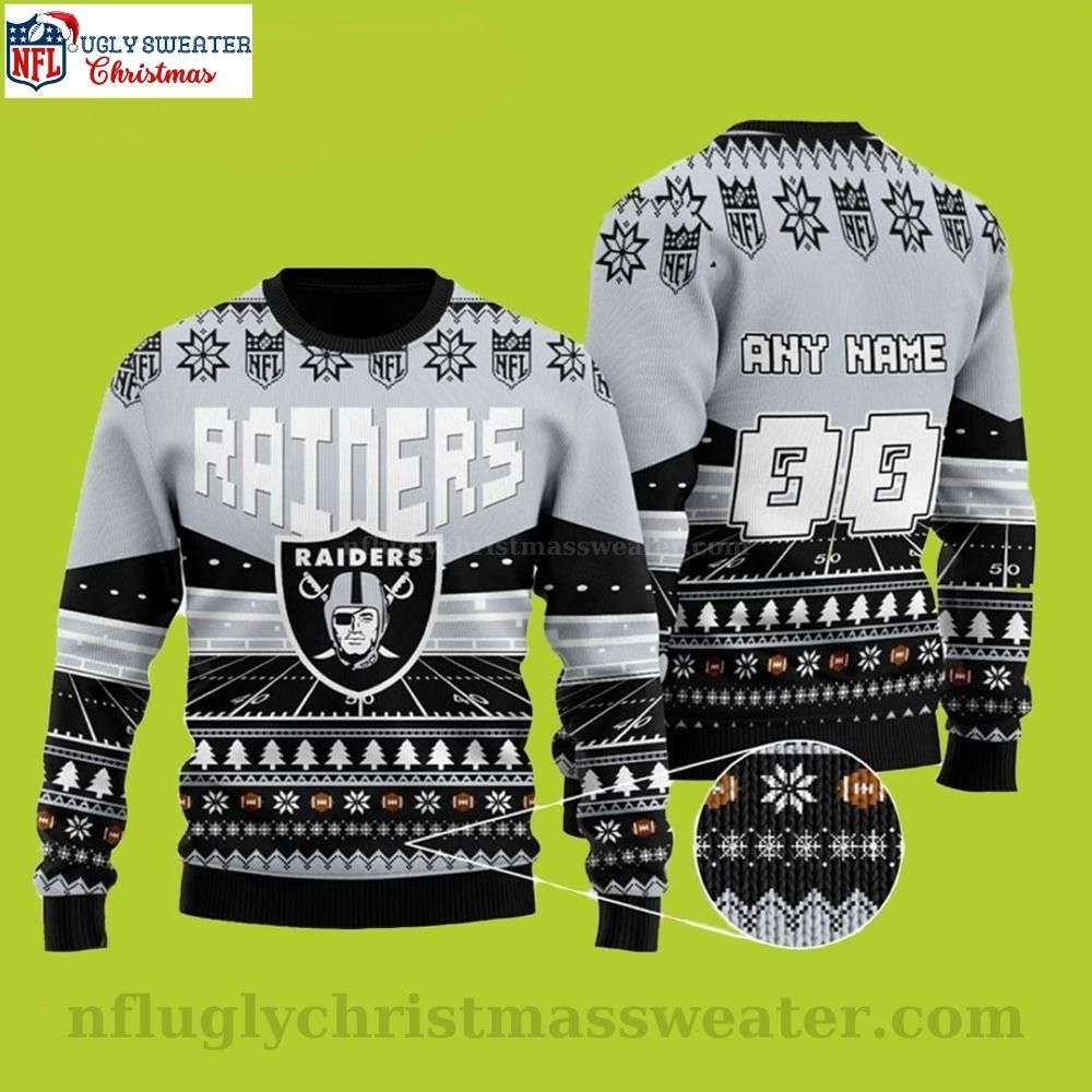 NFL Raiders Ugly Christmas Sweater Pine Tree And Snowflakes - Custom Name And Number