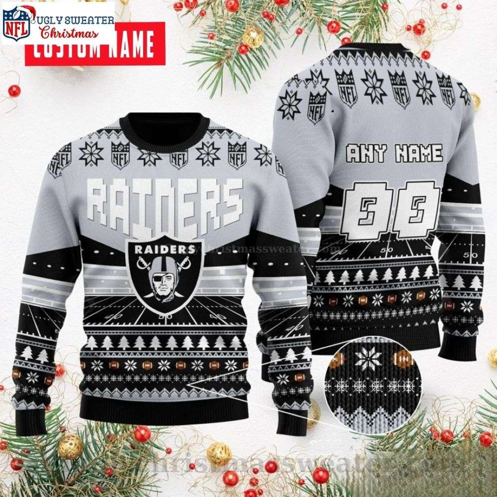 NFL Ugly Christmas Sweater with Raiders Logo Print - Perfect Gift for Him - Custom Name And Number Edition