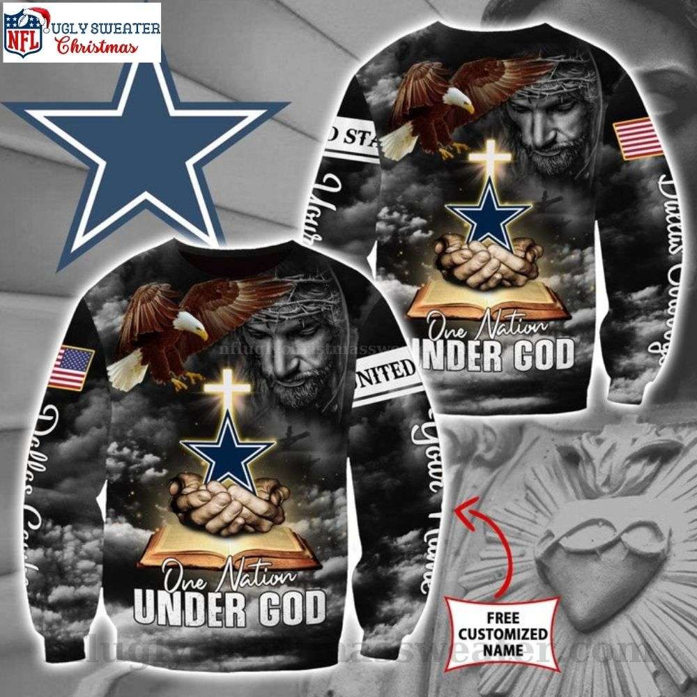 One Nation Under God Star In Jesus Hand - Dallas Cowboys Ugly Christmas Sweater