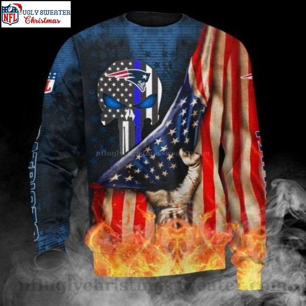 Patriots Logo Print Christmas Sweater - American Flag Skull Graphic On Fire