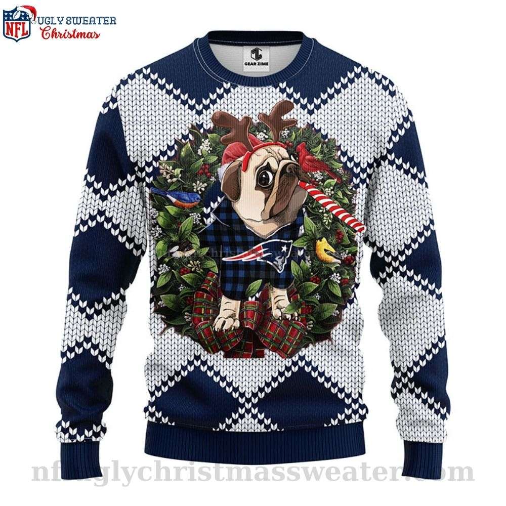 Patriots Ugly Christmas Sweater - Quirky Pub Dog Design For Fans