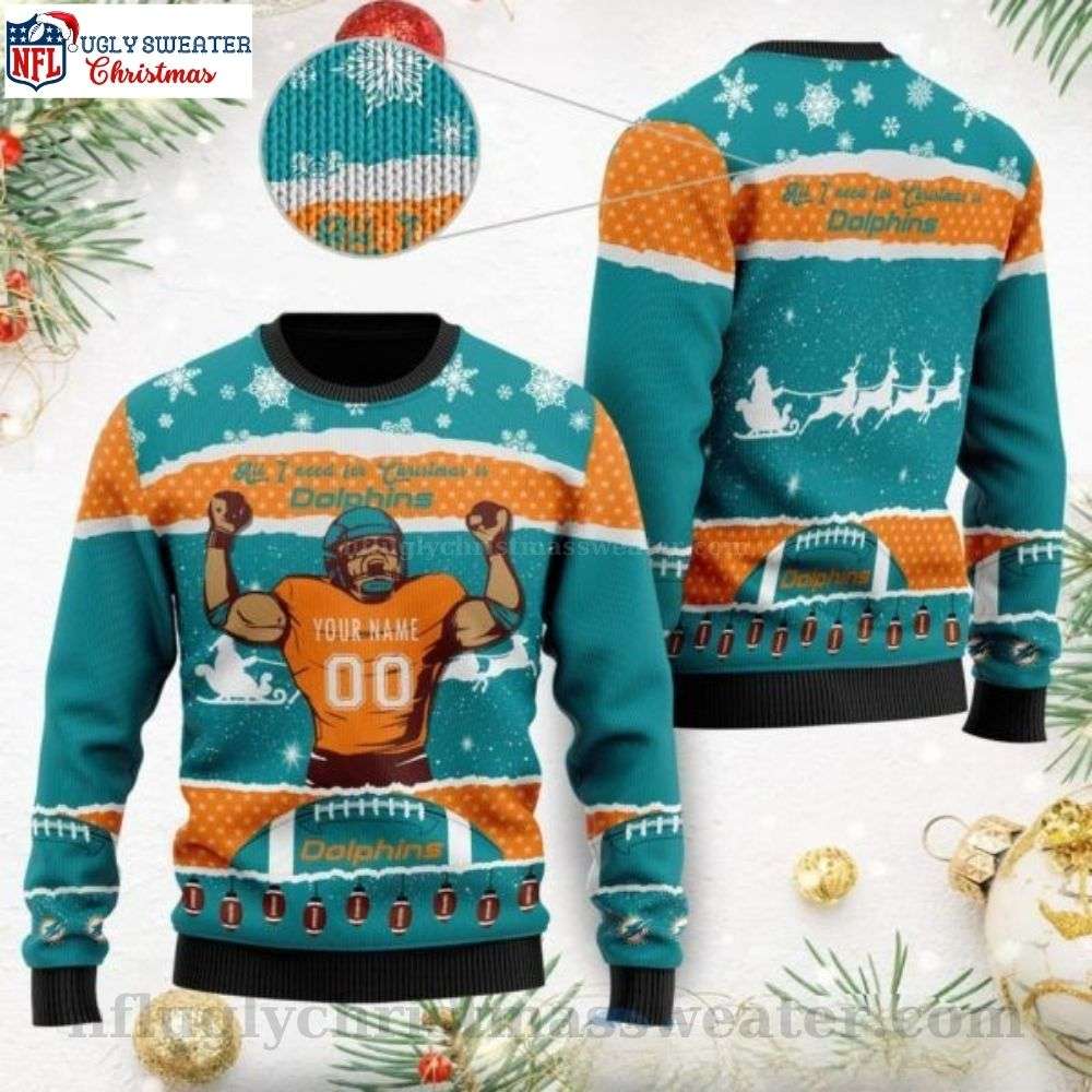 Personalized Miami Dolphins Ugly Sweater - All I Want For Christmas Design