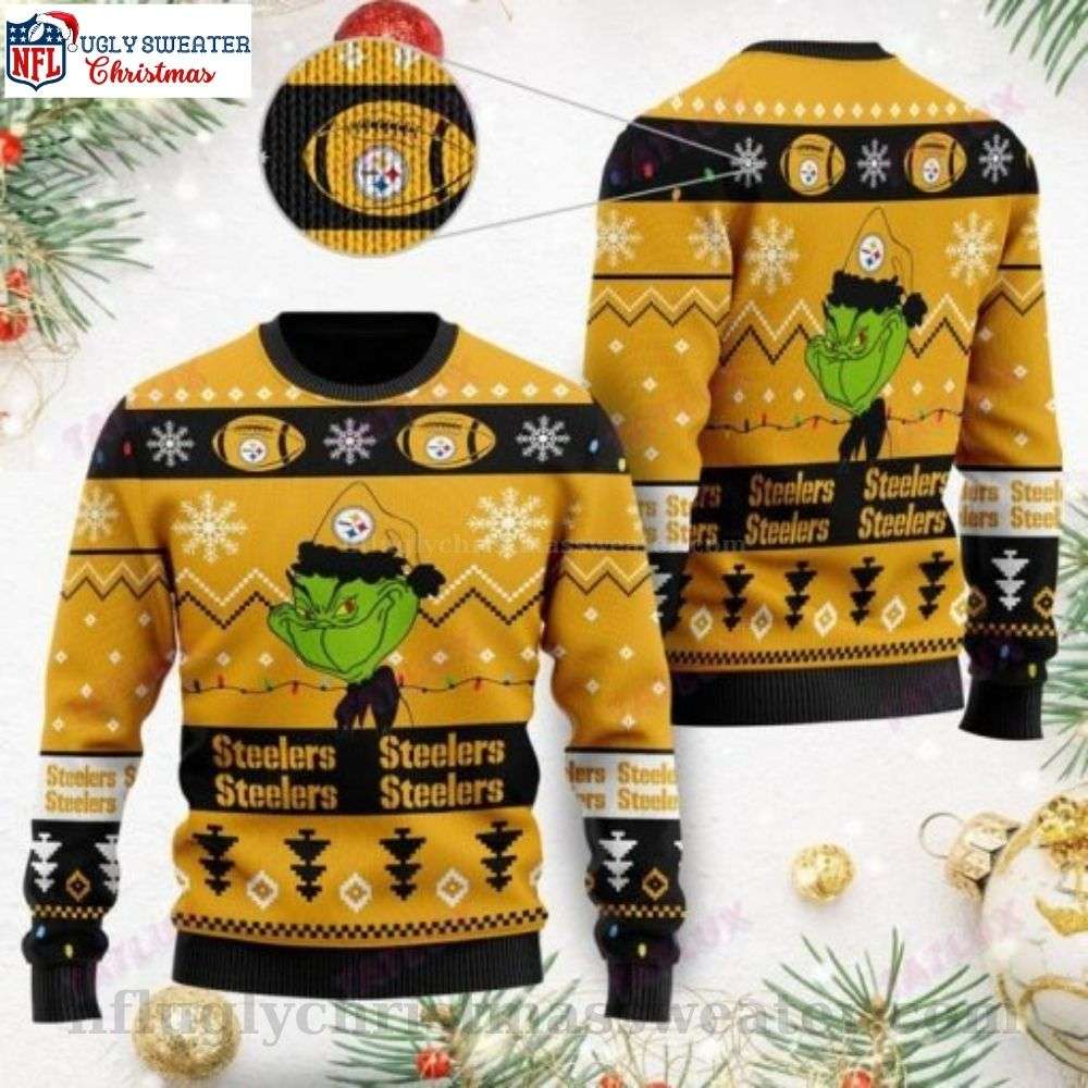 Pittsburgh Steelers Festive Ugly Christmas Sweater - The Grinch Christmas Light Design