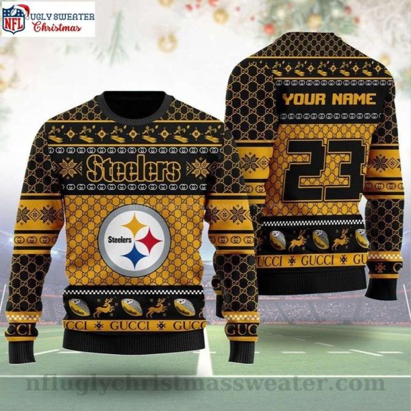 Pittsburgh Steelers Gucci Pattern Ugly Christmas Sweater – Add Your Name And Number