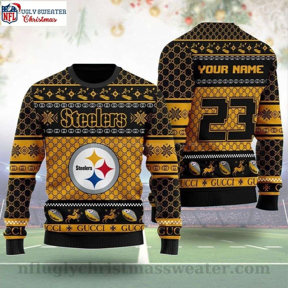 Pittsburgh Steelers Gucci Pattern Ugly Christmas Sweater - Add Your Name And Number