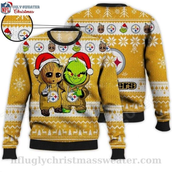Pittsburgh Steelers Whimsical Holiday Sweater – Baby Groot And Grinch