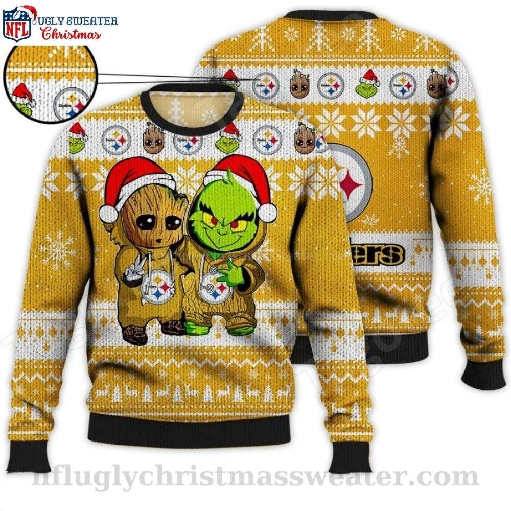 Pittsburgh Steelers Whimsical Holiday Sweater - Baby Groot And Grinch