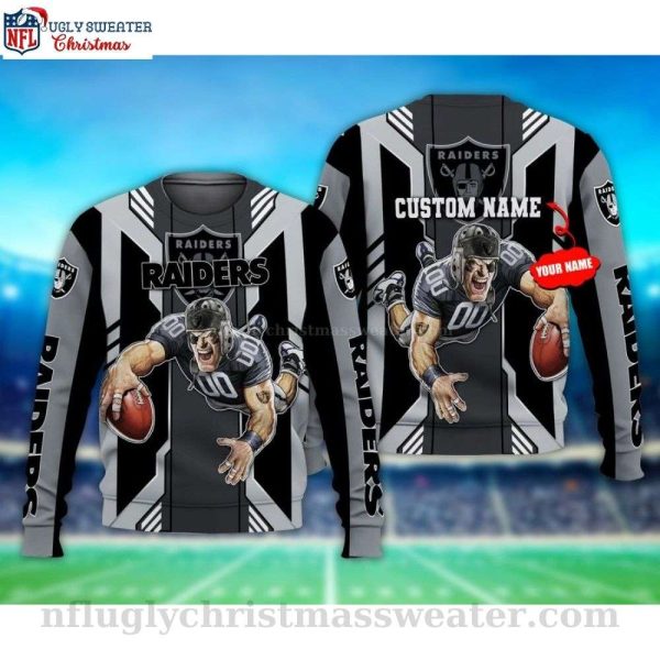 Players Holding The Football Las Vegas Raiders Ugly Christmas Sweater – Custom Name Edition