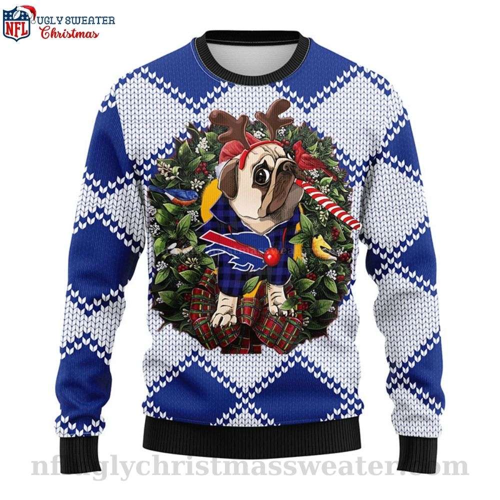 Pub Dog Festive Wreath And Lights - NFL Buffalo Bills Ugly Christmas Sweater