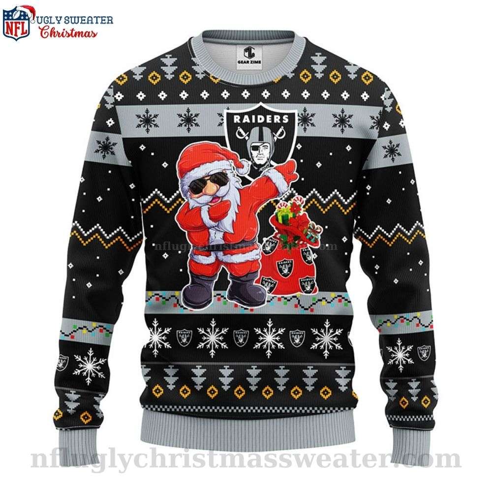Santa Claus And Las Vegas Raiders Logo Print Ugly Christmas Sweater - Gifts For Fans