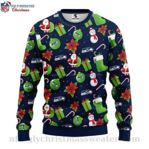 Santa Claus Snowman Graphic Seattle Seahawks Ugly Christmas Sweater 1