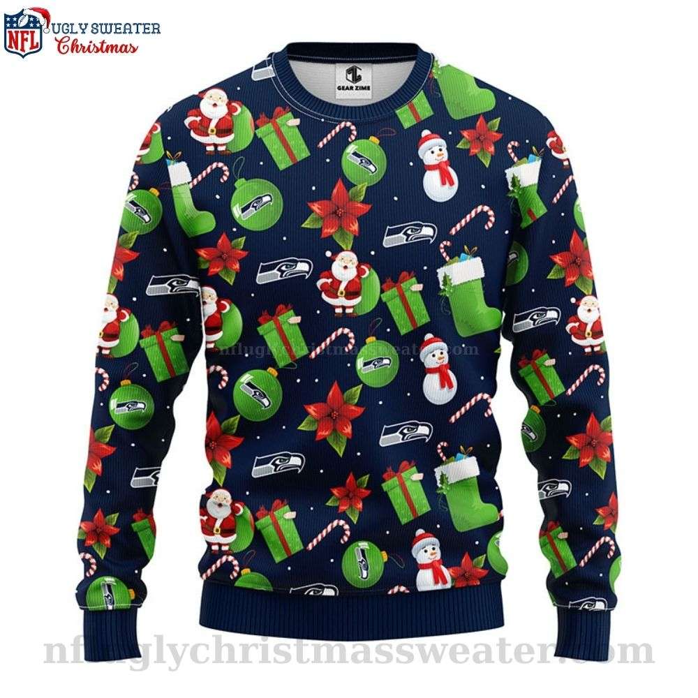 Santa Claus Snowman Graphic Seattle Seahawks Ugly Christmas Sweater