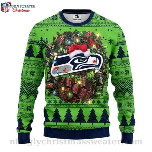 Seattle Seahawks Logo Ugly Christmas Sweater With Laurel Wreath Graphic 1