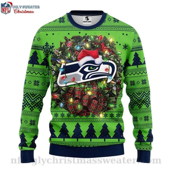 Seattle Seahawks Logo Ugly Christmas Sweater With Laurel Wreath Graphic