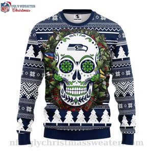 Skull Flower Graphic Seattle Seahawks Ugly Christmas Sweater 1