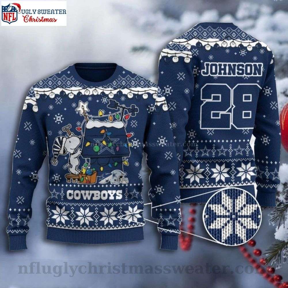 Snoopy And House Dallas Cowboys Ugly Christmas Sweater - Custom Name And Number