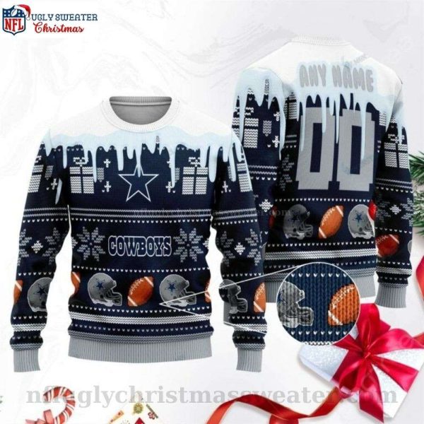 Snowflake And Gift Box Dallas Cowboys Ugly Christmas Sweater for Him – Personalized