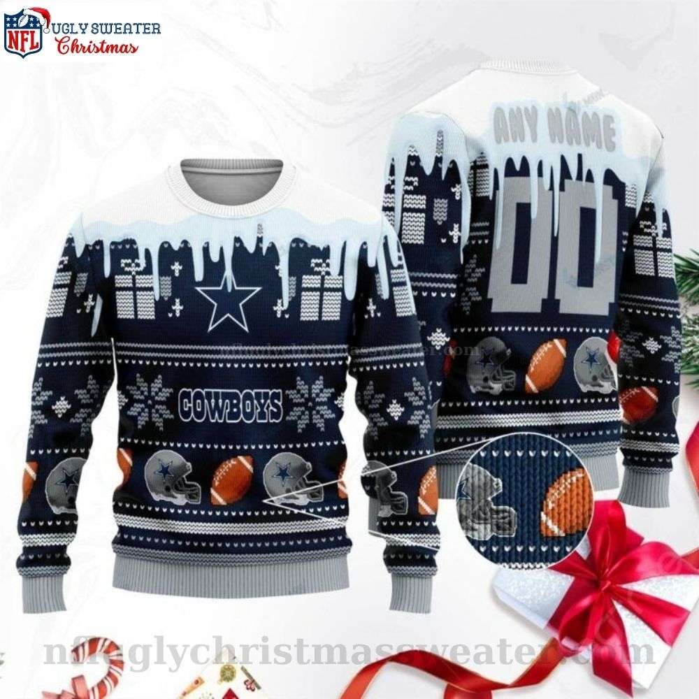 Snowflake And Gift Box Dallas Cowboys Ugly Christmas Sweater for Him - Personalized