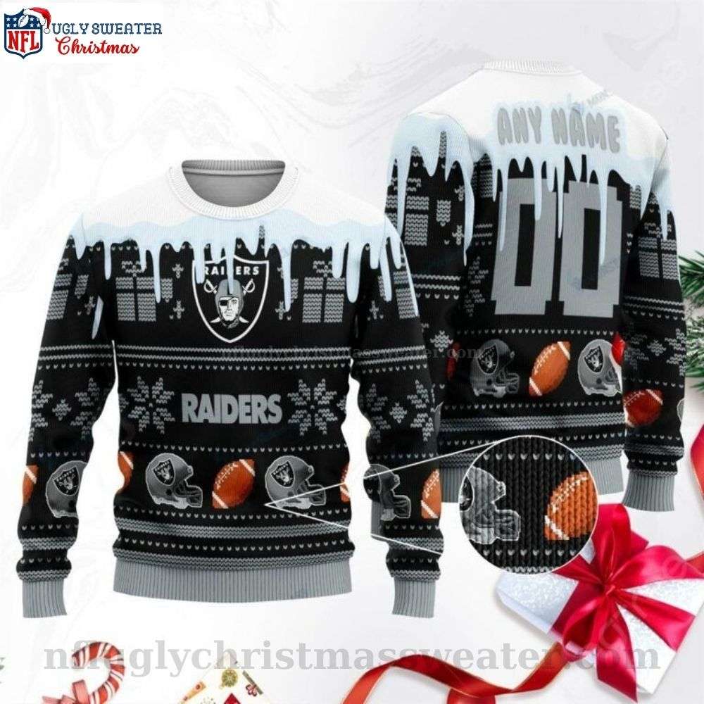 Snowflakes and Footballs Raiders Ugly Christmas Sweater - Custom Name and Numbers