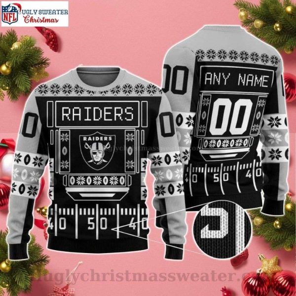 Snowflakes and Las Vegas Raiders Logo Ugly Christmas Sweater – Custom Name And Number Edition