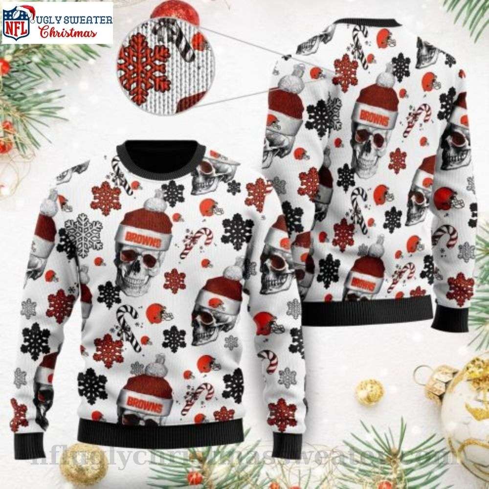 Unique Cleveland Browns Gifts - Ugly Sweater With Santa Skulls Design