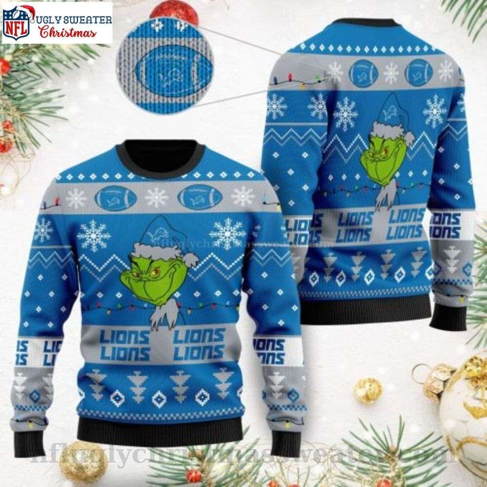 Unique Detroit Lions Gift - Ugly Christmas Sweater With Playful Grinch Design