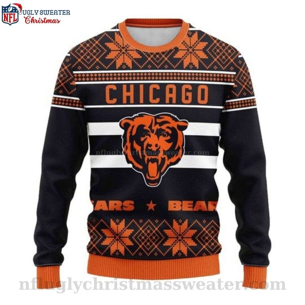Gifts For Chicago Bears Fans - Ugly Sweater With Logo Print And Snowflake