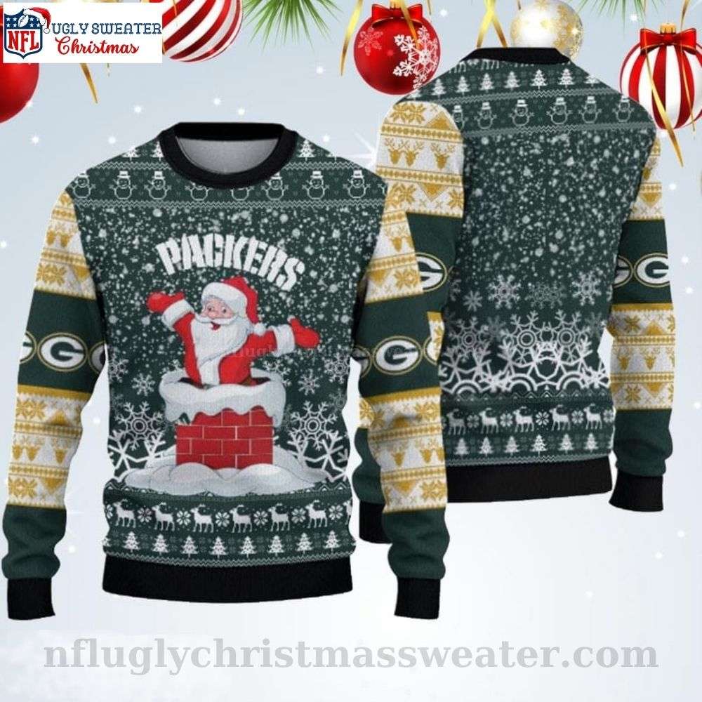 Green Bay Packers Ugly Christmas Sweater With Playful Santa Claus Chimney Graphic