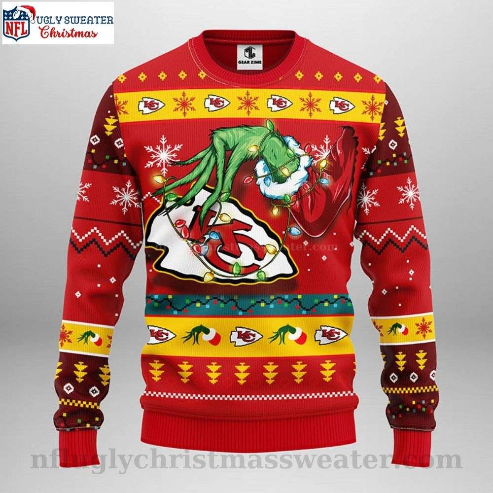 Kansas City Chiefs Ugly Christmas Sweater - Grinch And Festive Lights