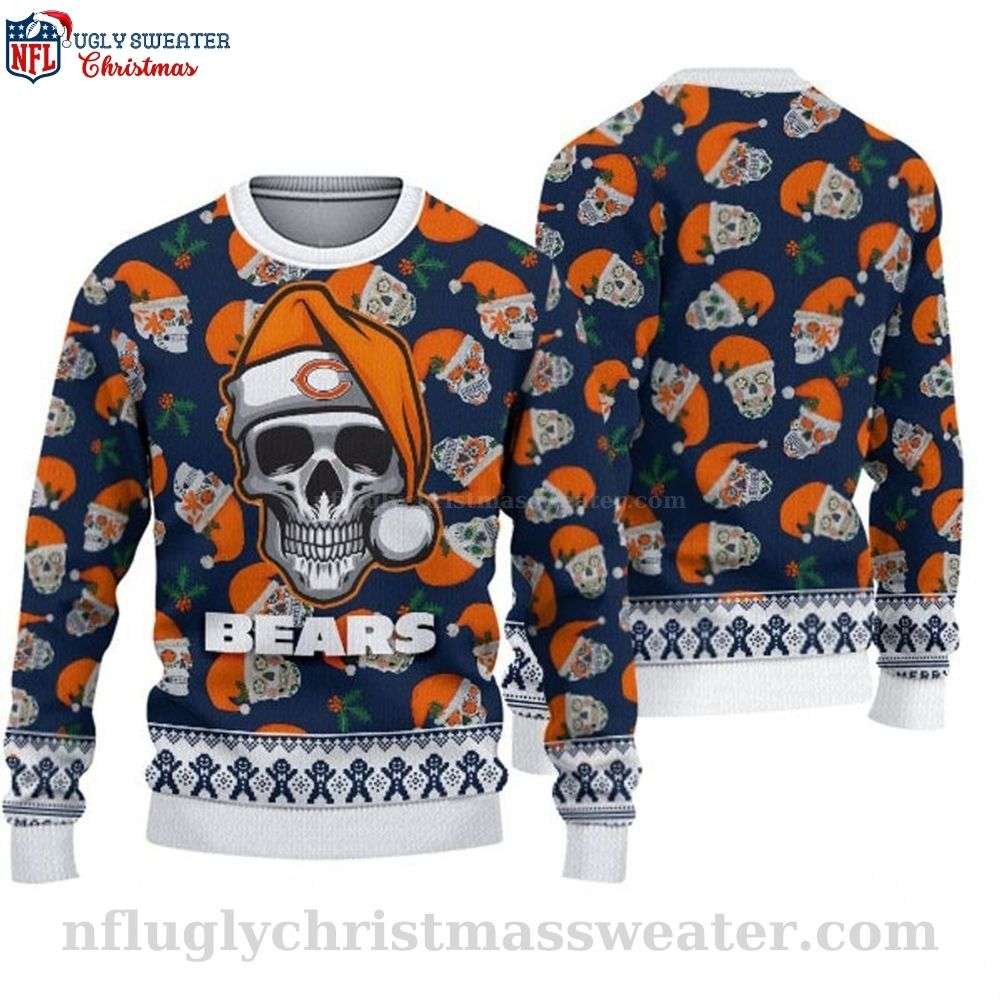 Men's Chicago Bears Ugly Sweater - Skull Wearing Santa Hat Design