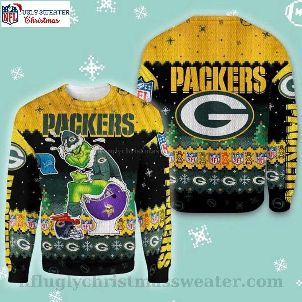NFL Green Bay Packers Grinch Sits On Packers Toilet Helmet 3D Ugly Sweater