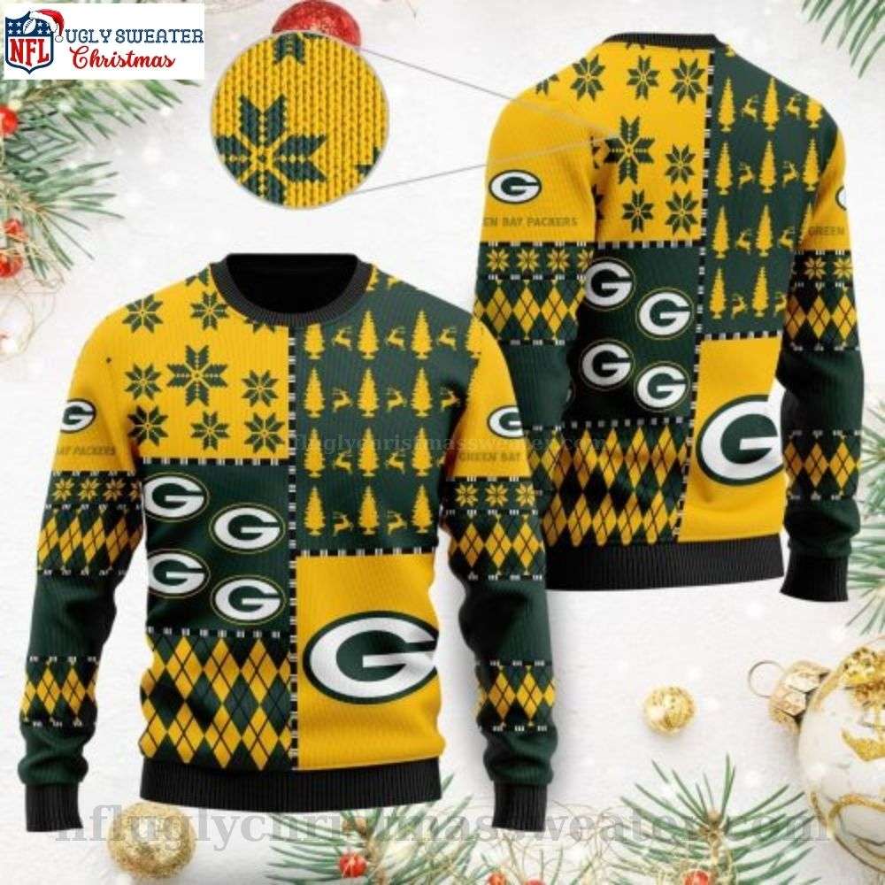 NFL Packers Ugly Sweater - Logo Prints, Snowflakes And Pine Trees Design